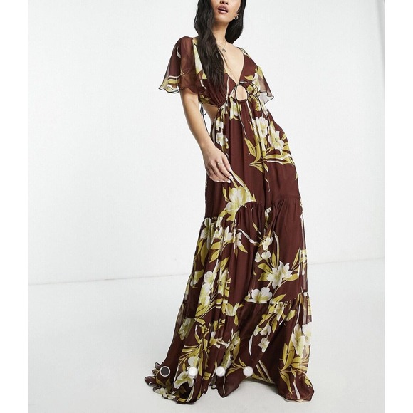 ASOS Tiered Maxi Dress 14, Plunging Neckline, Burgundy Large Floral Print - Picture 3 of 16